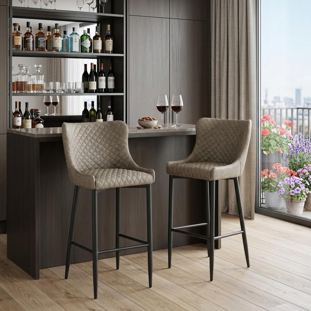 Set of Two 30" Gray And Black Faux Leather And Metal Low Back Bar Height Bar Chairs HomeRoots