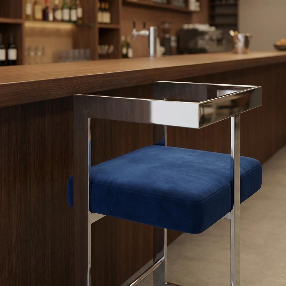 30" Blue And Silver Velvet And Metal Low Back Bar Height Bar Chair HomeRoots