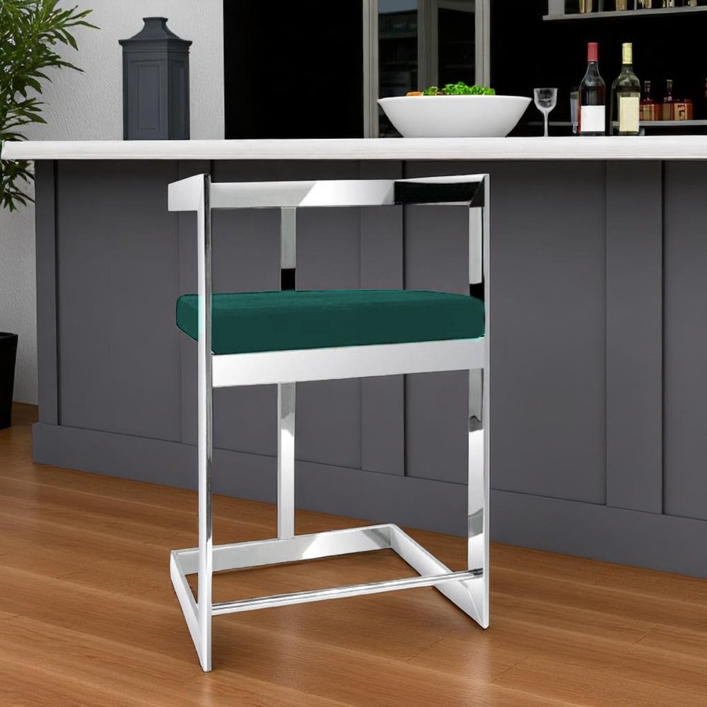 30" Green And Silver Velvet And Metal Low Back Bar Height Bar Chair HomeRoots