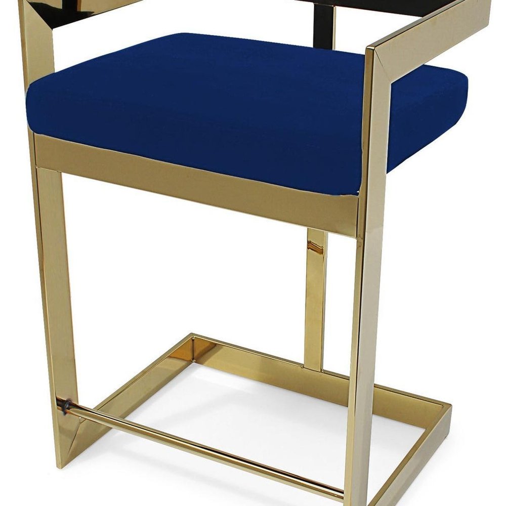 26" Blue And Gold Velvet And Metal Low Back Counter Height Bar Chair HomeRoots
