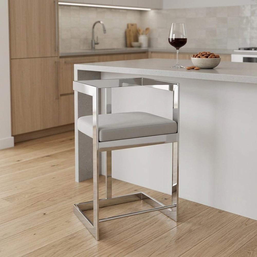 26" Gray And Silver Velvet And Steel Low Back Counter Height Bar Chair HomeRoots