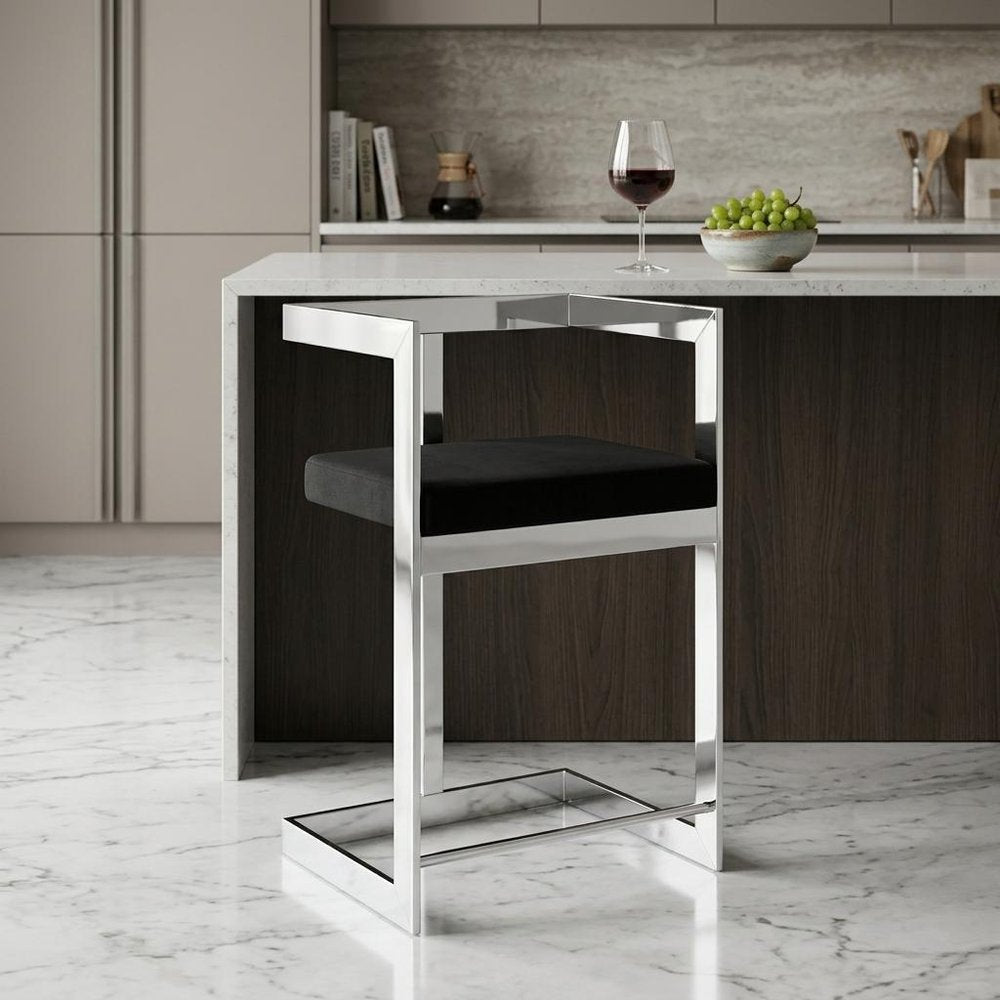 26" Black And Silver Velvet And Steel Low Back Counter Height Bar Chair HomeRoots