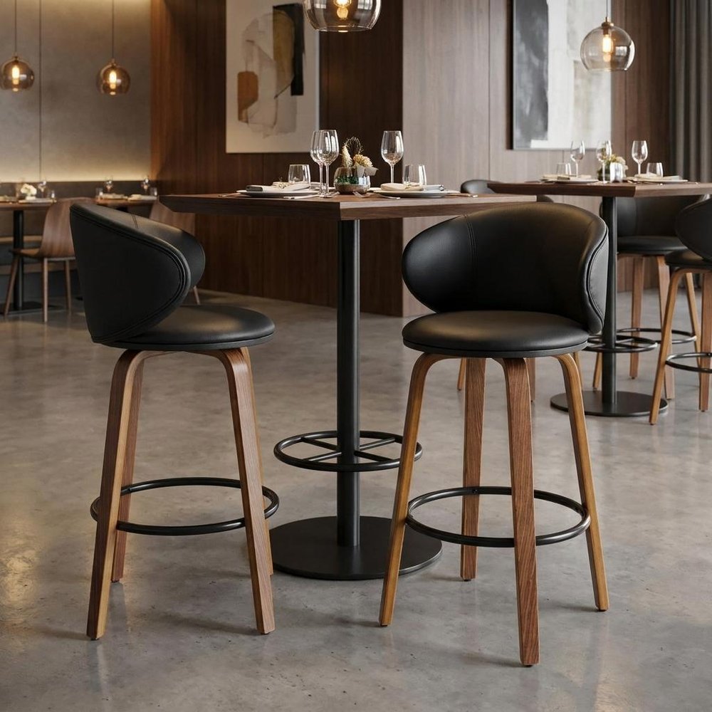 Set of Two 26" Black And Brown Faux Leather And Solid Wood Low Back Counter Height Bar Chairs HomeRoots