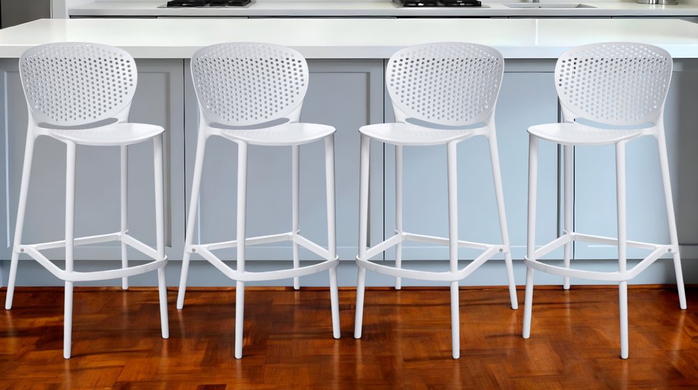 Set of Four 30" White Heavy Duty Plastic Low Back Bar Height Bar Chairs HomeRoots