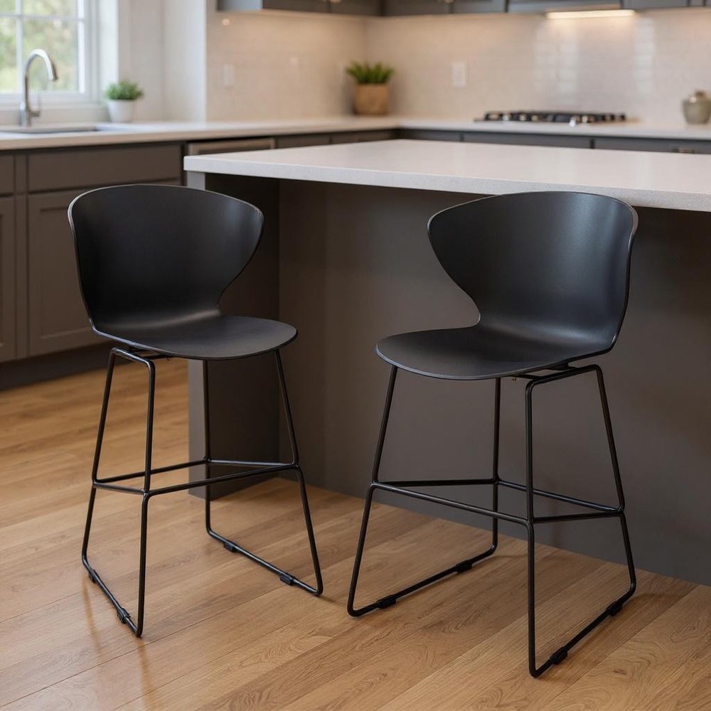 Set of Two 26" Black Heavy Duty Plastic And Metal Low Back Counter Height Bar Chairs HomeRoots