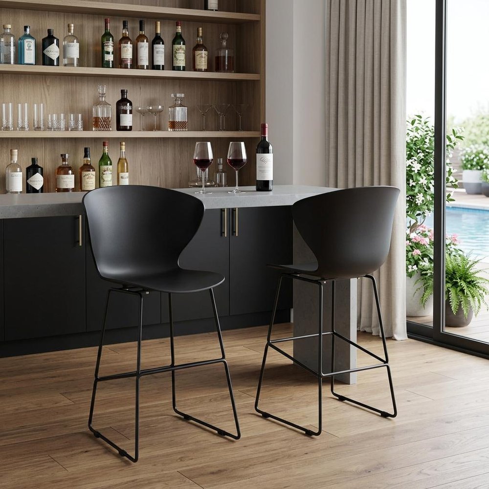 Set of Two 30" Black Heavy Duty Plastic And Metal Low Back Bar Height Bar Chairs HomeRoots