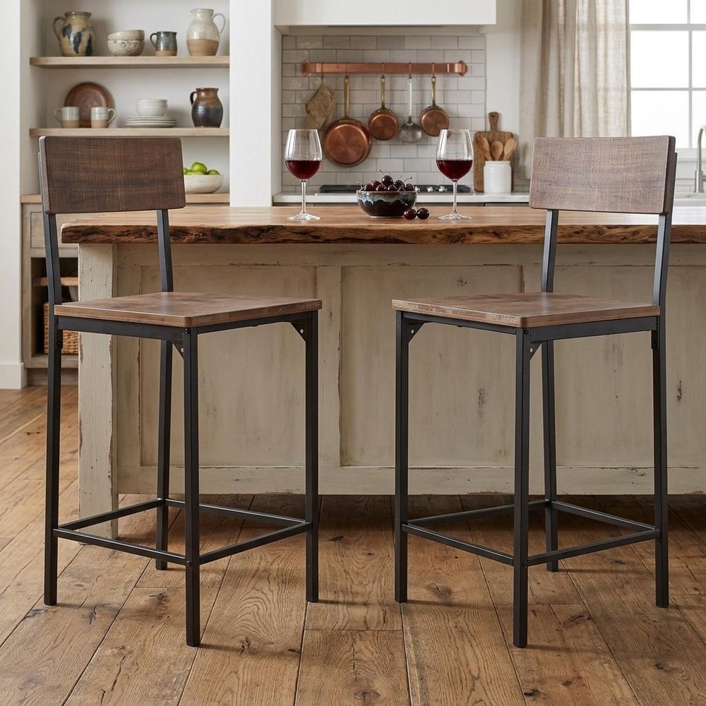 Set of Two 25" Brown And Black Solid Wood And Metal Counter Height Bar Chairs HomeRoots