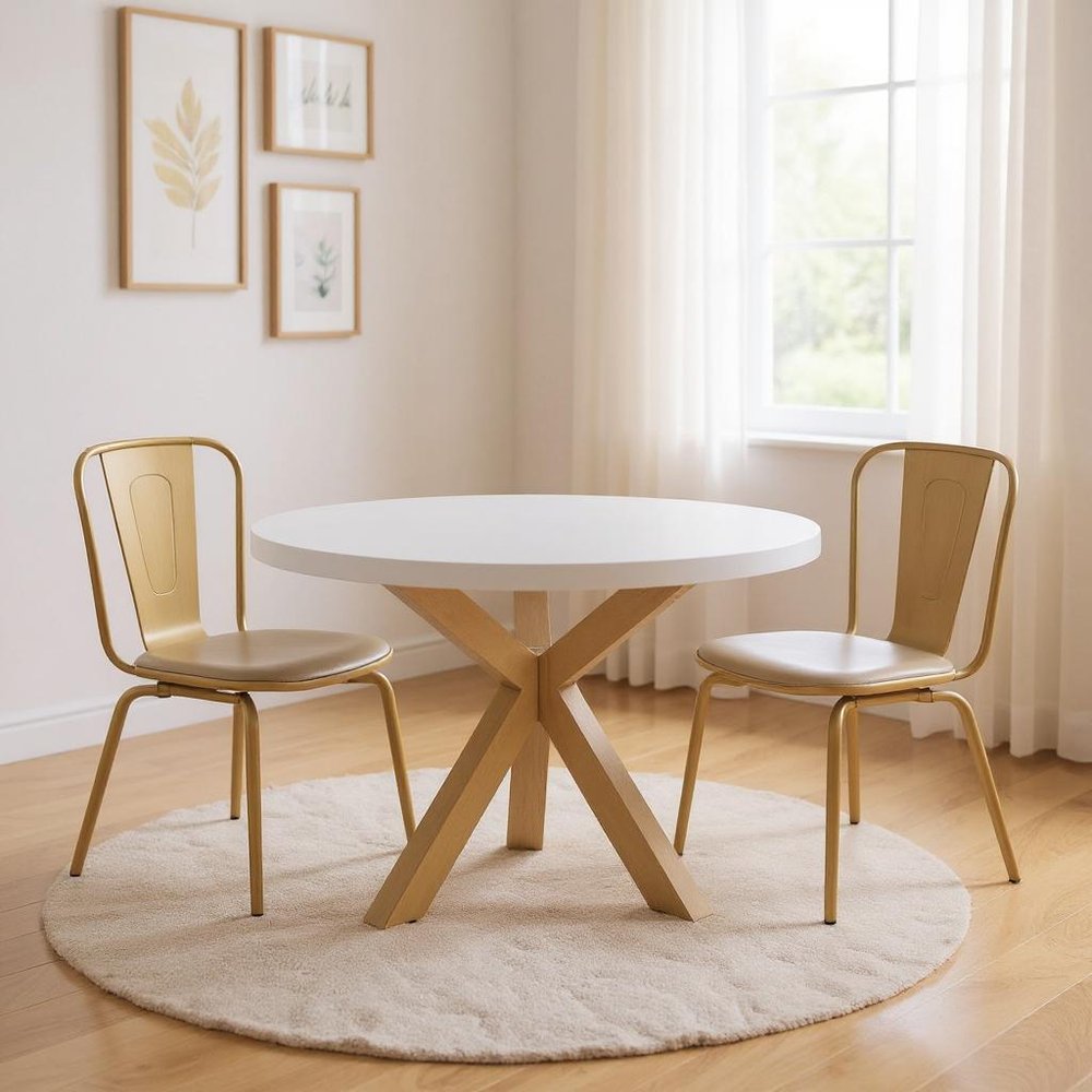 48" White and Gold Wood and Metal Cross Leg Base Round Top Dining Table HomeRoots