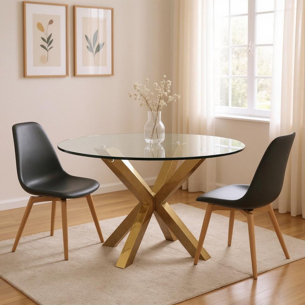 54" Clear and Gold Glass and Metal Cross Leg Base Round Top Dining Table HomeRoots