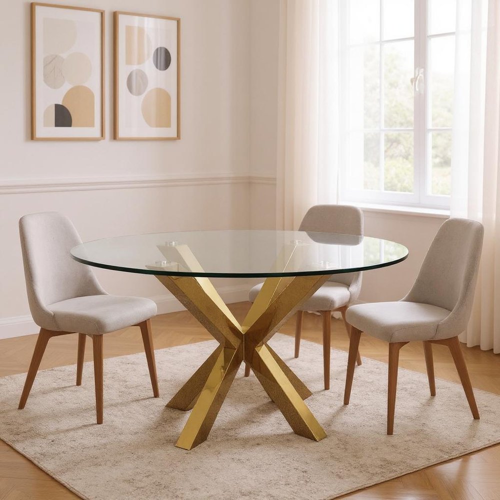 54" Clear and Gold Glass and Metal Cross Leg Base Round Top Dining Table HomeRoots