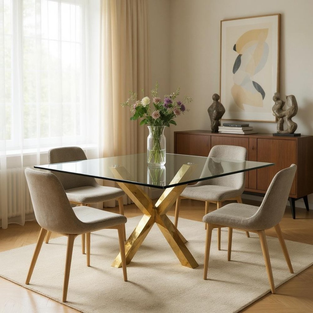 60" Clear and Gold Glass and Metal Cross Leg Base Square Dining Table HomeRoots