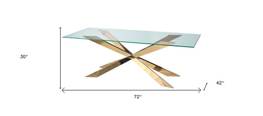 72" Clear and Gold Glass and Metal Cross Leg Base Dining Table HomeRoots