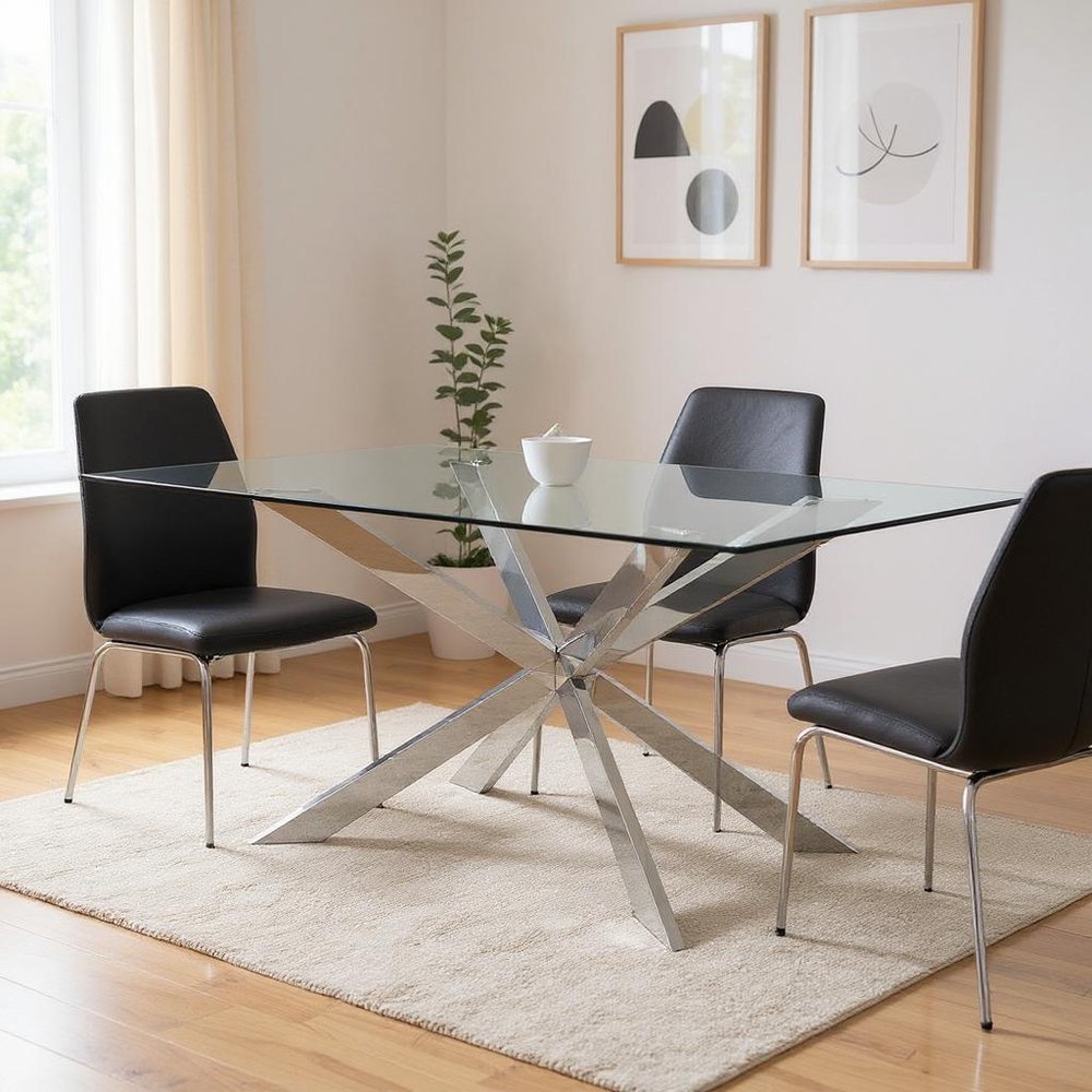 72" Clear and Silver Glass and Metal Cross Leg Base Dining Table HomeRoots