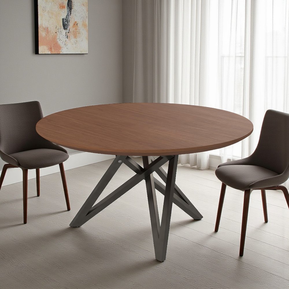 47" Brown and Gray Wood and Stainless Steel Cross Leg Base Round Top Dining Table HomeRoots