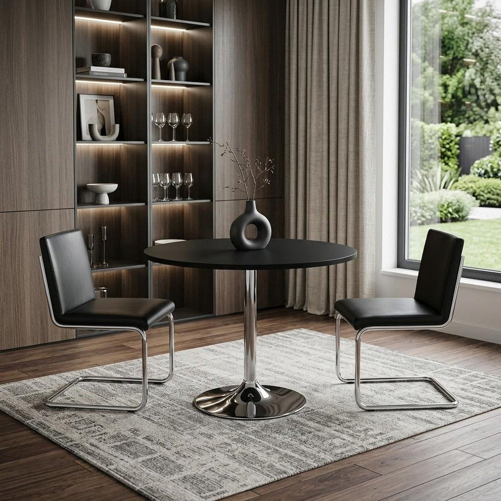 36" Black and Silver Wood and Metal Pedestal Base Round Top Dining Table HomeRoots