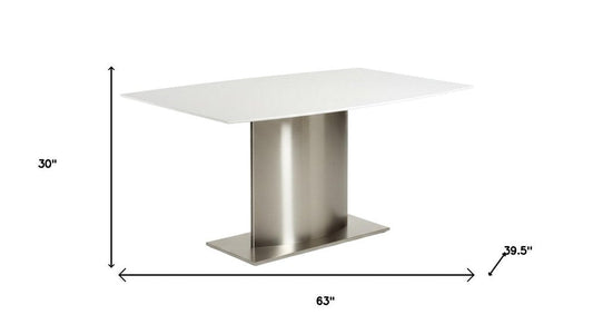 63" White and Silver Marble and Stainless Steel Pedestal Base Dining Table