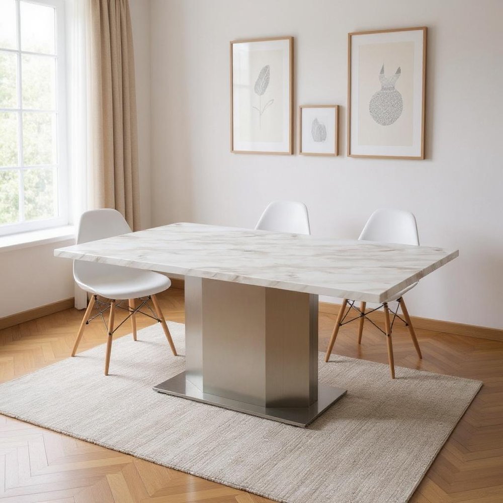 79" Gray White and Silver Marble and Stainless Steel Pedestal Base Dining Table HomeRoots
