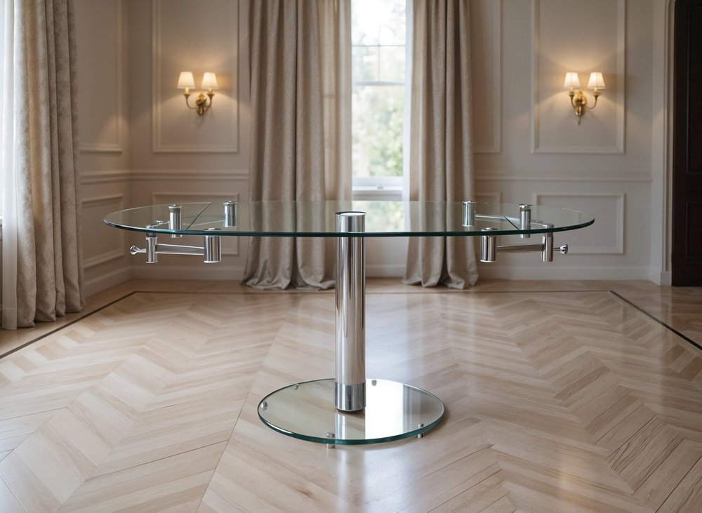 40" Clear and Silver Glass and Metal Self-Storing Leaf Motion Extendable Dining Table HomeRoots