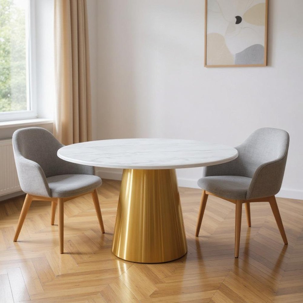 54" Gray White and Gold Marble and Metal Pedestal Base Round Top Dining Table HomeRoots