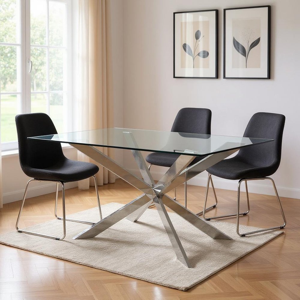 87" Clear and Silver Glass and Metal Cross Leg Base Dining Table HomeRoots
