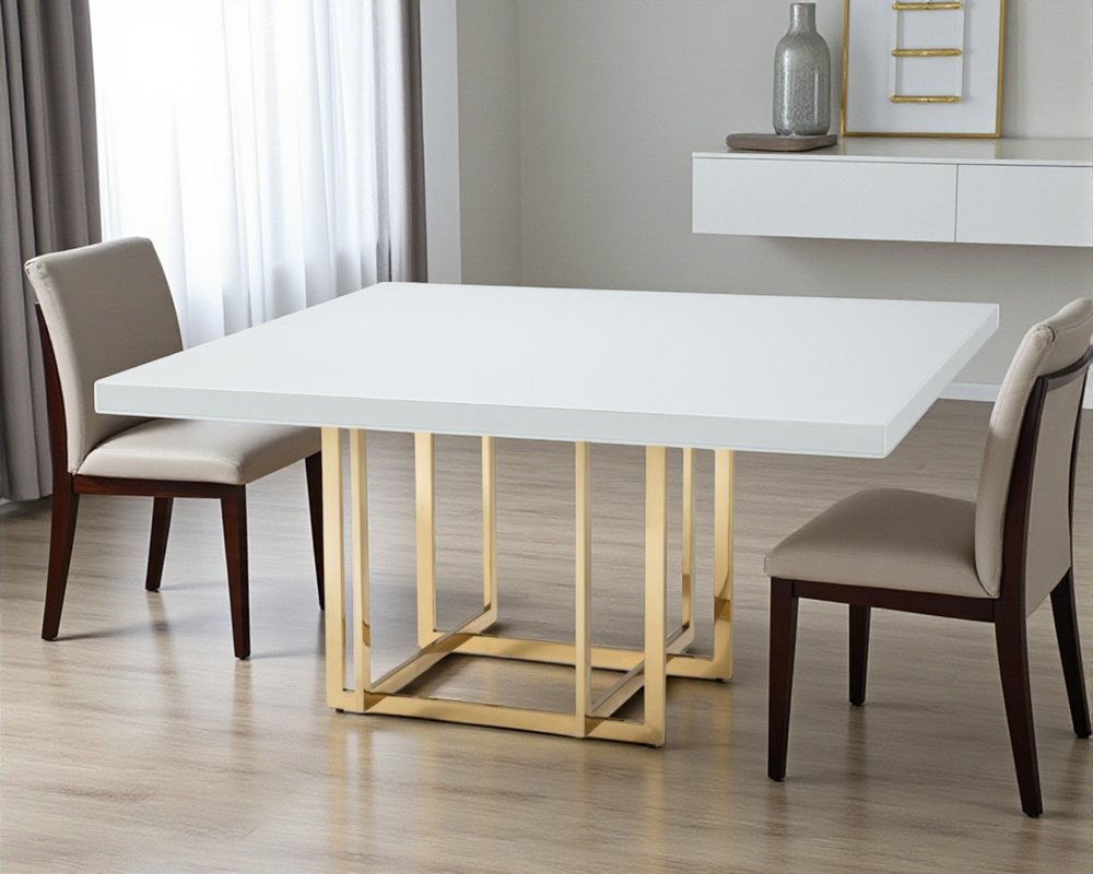 59" White and Gold Wood and Metal Pedestal Base Square Dining Table HomeRoots