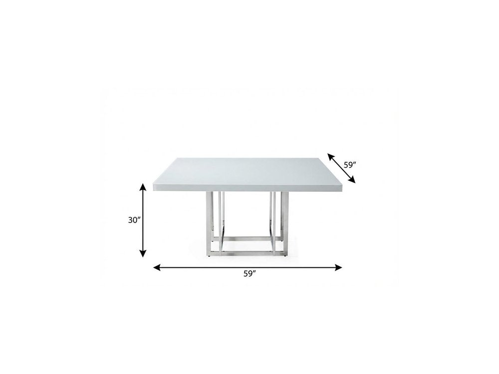 59" White and Silver Wood and Metal Pedestal Base Square Dining Table HomeRoots