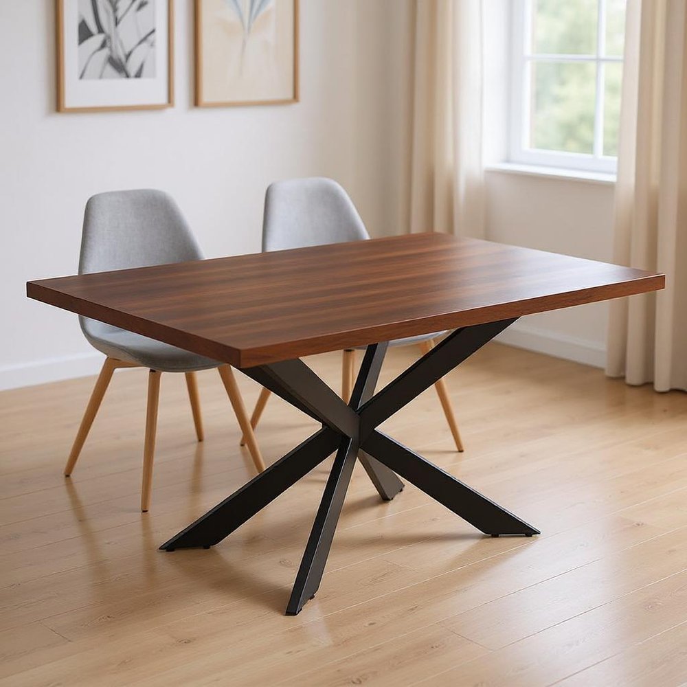 81" Brown and Black Wood and Metal Cross Leg Base Dining Table HomeRoots