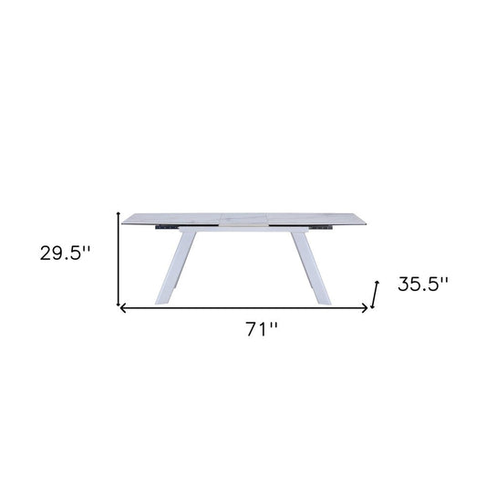 71" Gray and White Ceramic and Metal Self-Storing Leaf Extendable Dining Table HomeRoots