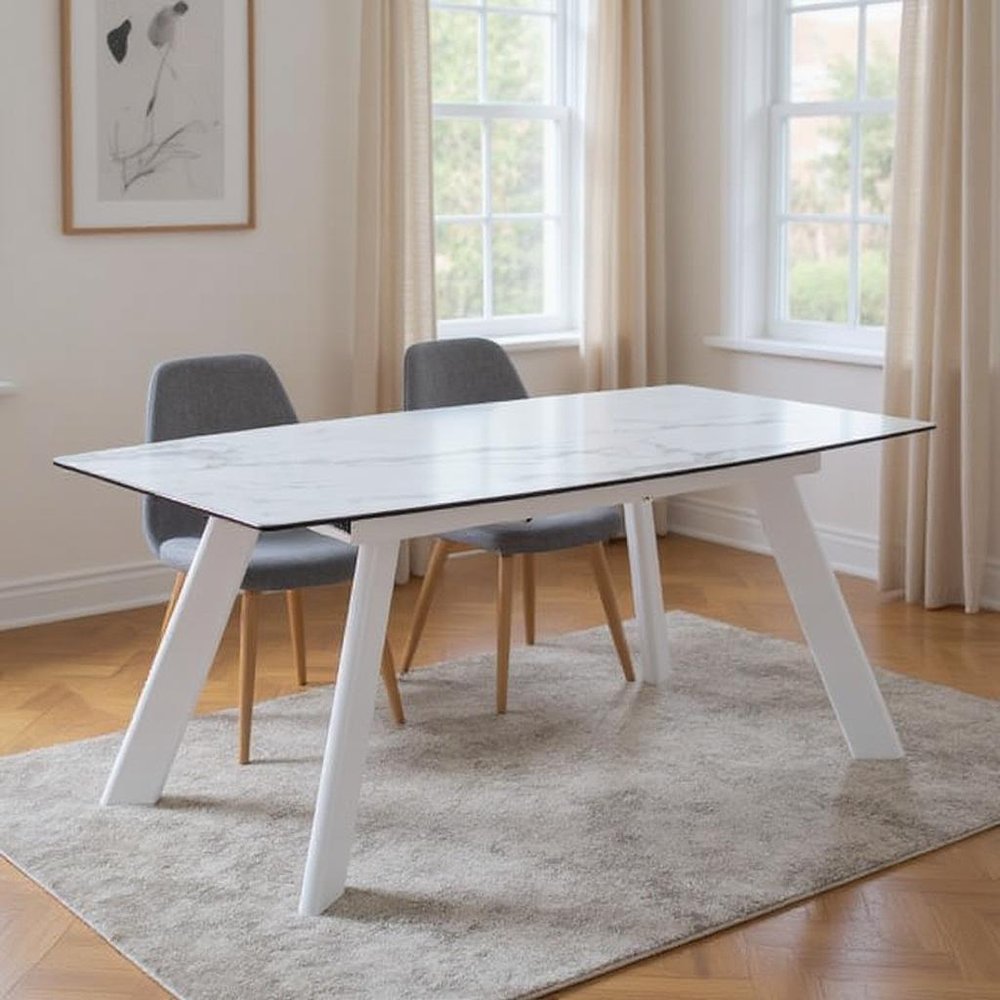71" Gray and White Ceramic and Metal Self-Storing Leaf Extendable Dining Table HomeRoots
