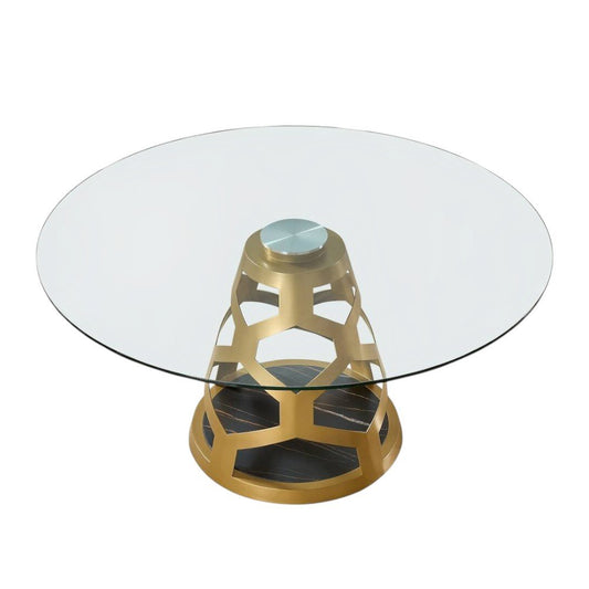 48" Clear And Gold Glass And Steel Pedestal Base Round Top Dining Table