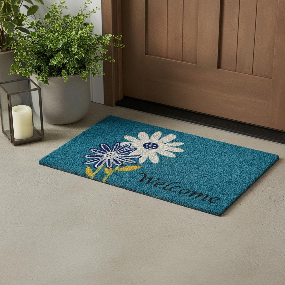 17" X 29" Blue and White Coir Floral Welcome Outdoor Door Mat HomeRoots