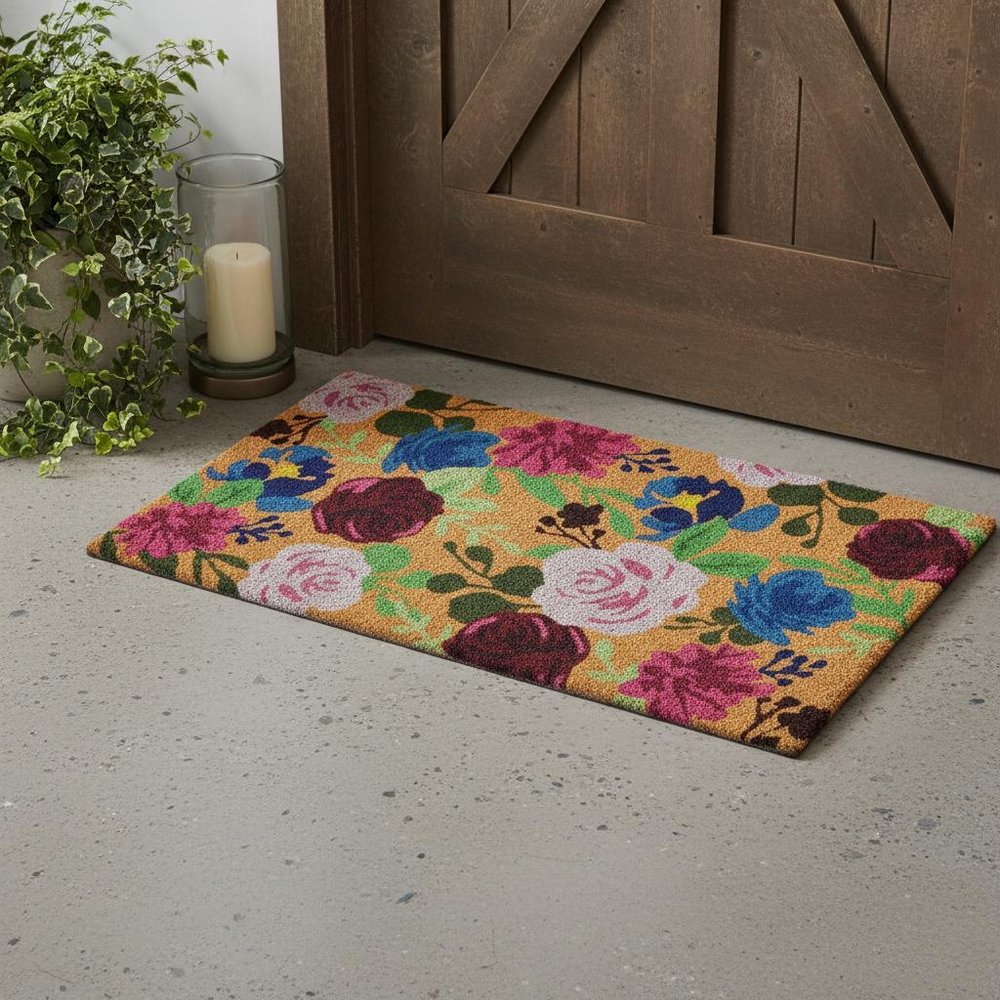 24" X 36" Natural Pink and Green Coir Floral Outdoor Door Mat HomeRoots