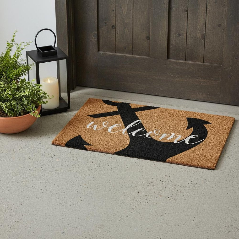 24" X 36" Natural and Black Coir Anchor Welcome Outdoor Door Mat HomeRoots