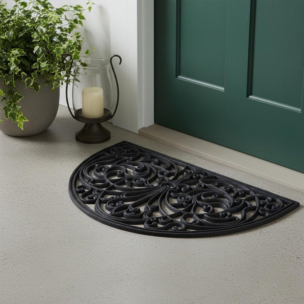18" X 30" Black Rubber Scrollwork Welcome Outdoor Semi Circle Door Mat HomeRoots