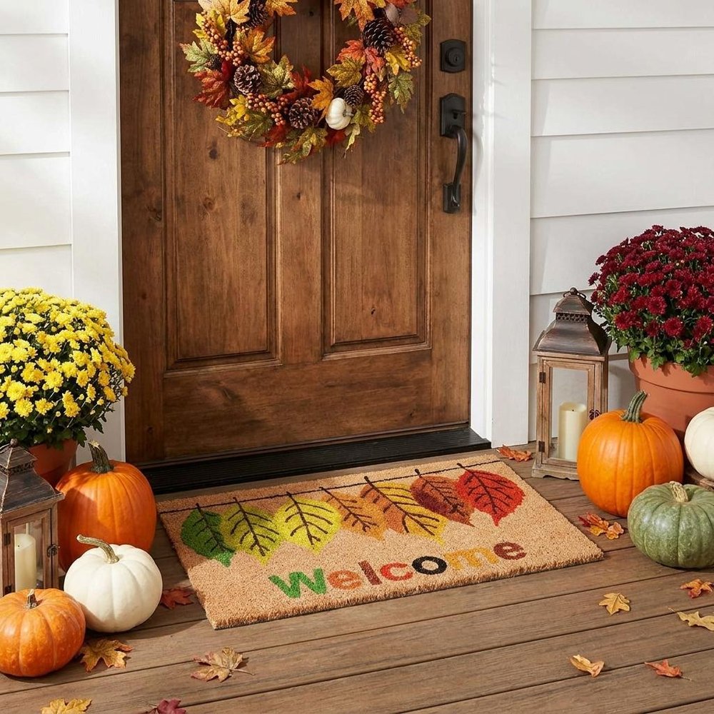 17" X 29" Natural Green And Orange Botanical Leaves Welcome Outdoor Coir Door Mat HomeRoots