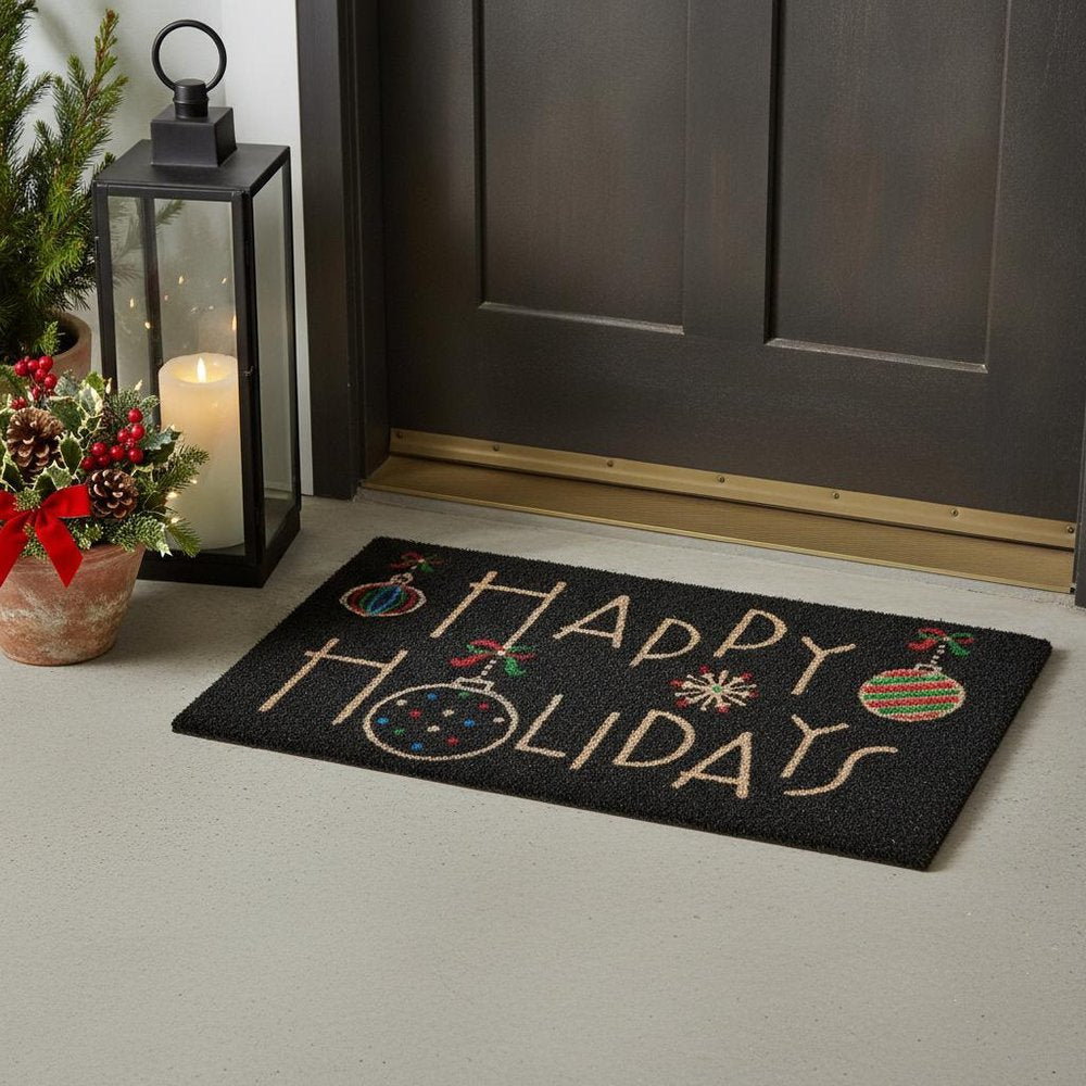 24" X 36" Black and Natural Coir Happy Holidays Outdoor Christmas Door Mat HomeRoots