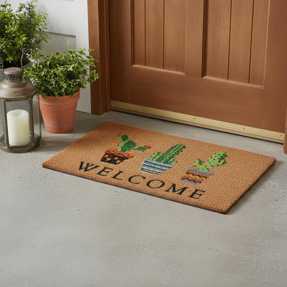 24" X 36" Natural Green and Black Coir Cactus Welcome Outdoor Door Mat HomeRoots