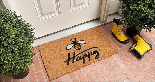 17" X 29" Natural and Black Coir Bumblee Bee Happy Outdoor Door Mat HomeRoots