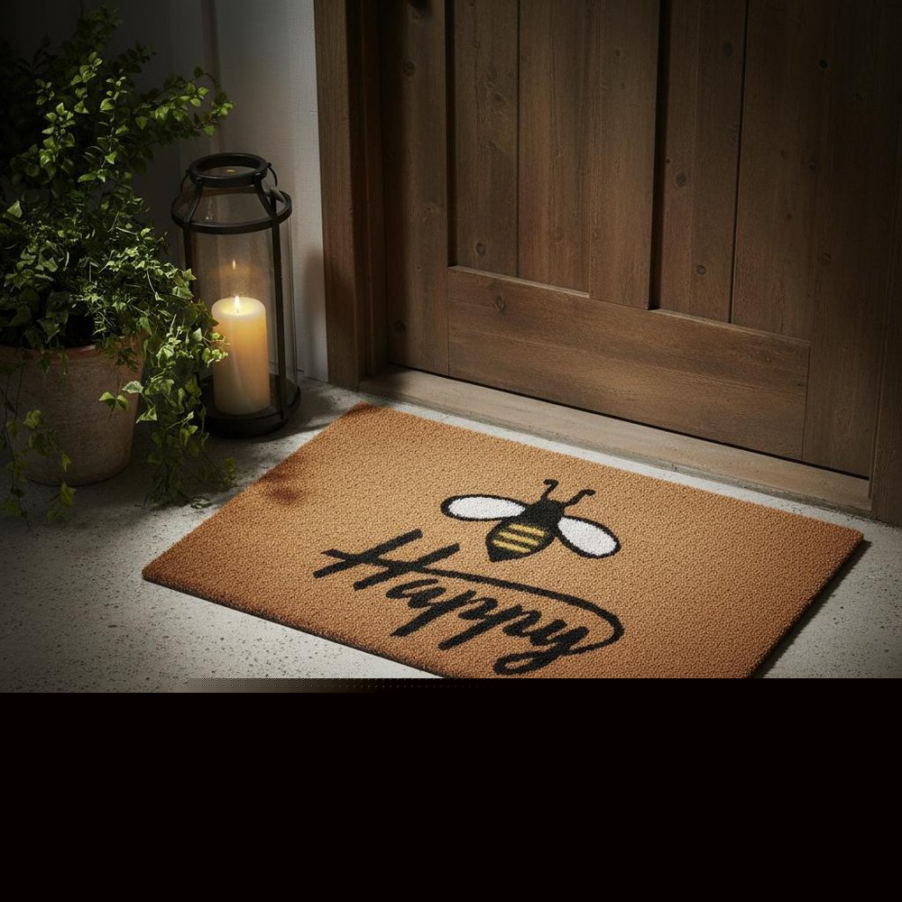 24" X 36" Natural and Black Coir Bumblee Bee Happy Outdoor Door Mat HomeRoots