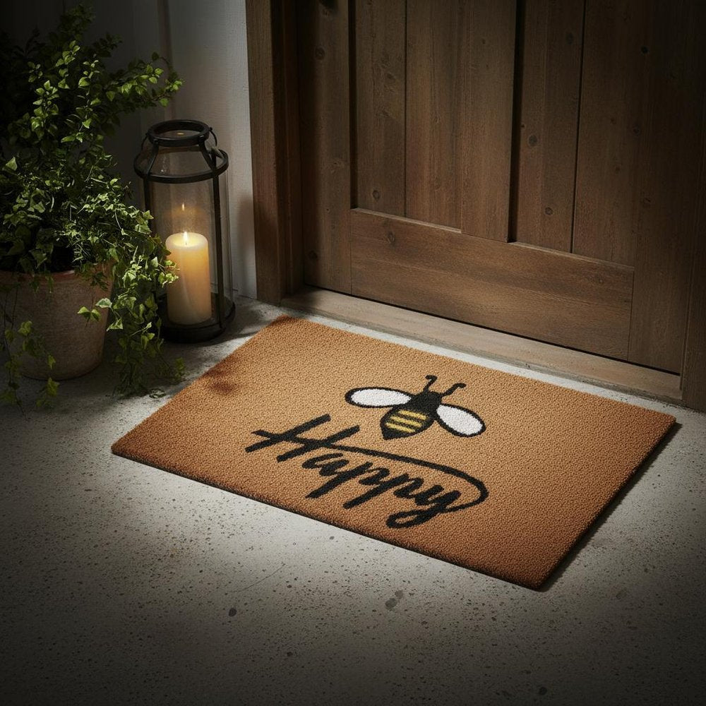 24" X 36" Natural and Black Coir Bumblee Bee Happy Outdoor Door Mat HomeRoots