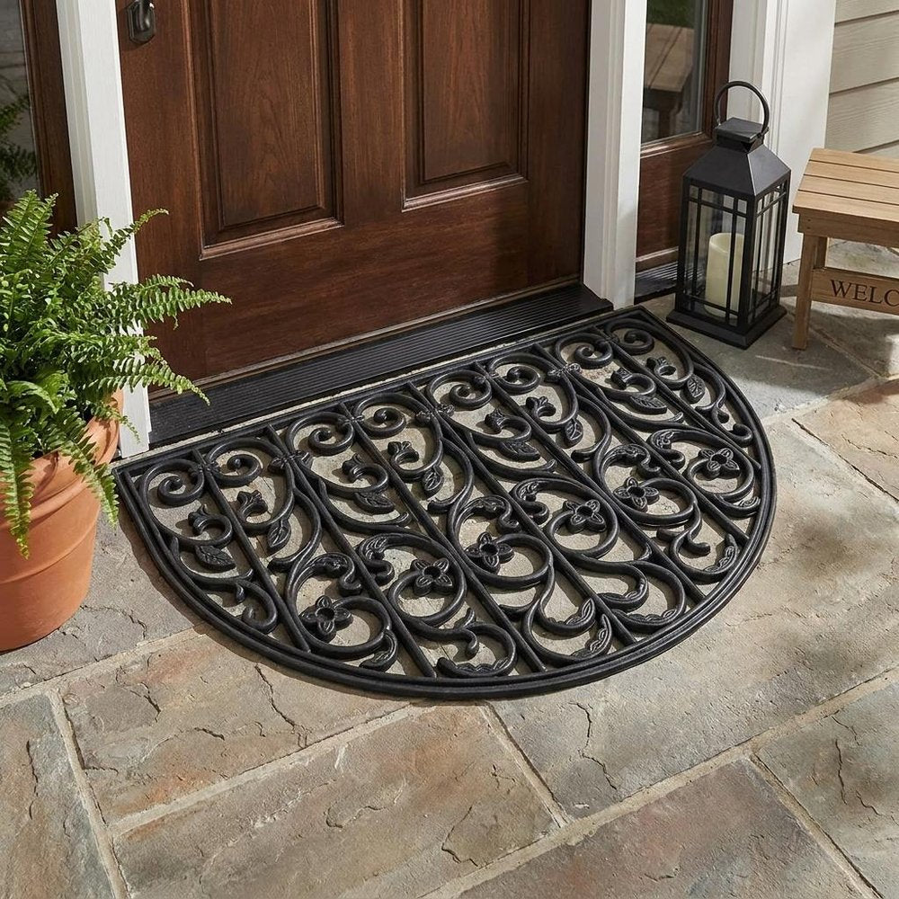 24" X 36" Black Rubber Scrollwork Outdoor Semi Circle Door Mat HomeRoots