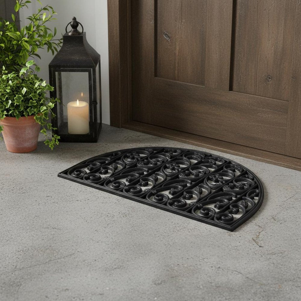 24" X 36" Black Rubber Scrollwork Outdoor Semi Circle Door Mat HomeRoots