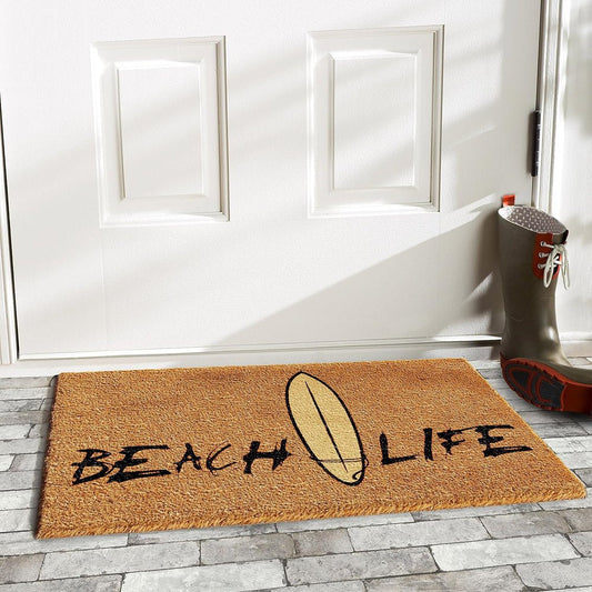 17" X 29" Natural and Black Coir Beach Life Outdoor Door Mat HomeRoots