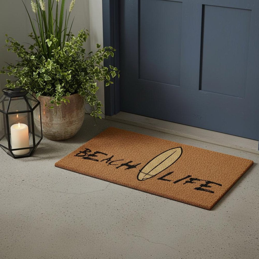 17" X 29" Natural and Black Coir Beach Life Outdoor Door Mat HomeRoots