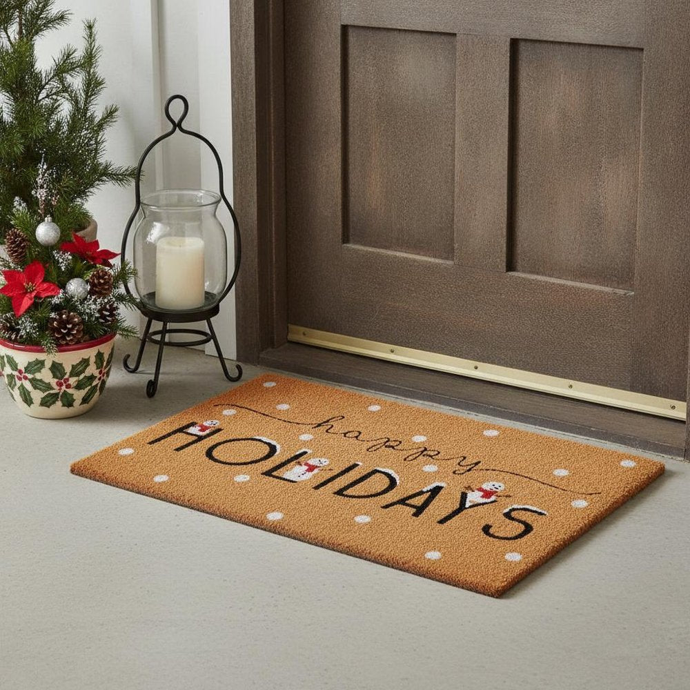17" X 29" Natural Black and White Coir Happy Holidays Outdoor Christmas Door Mat HomeRoots