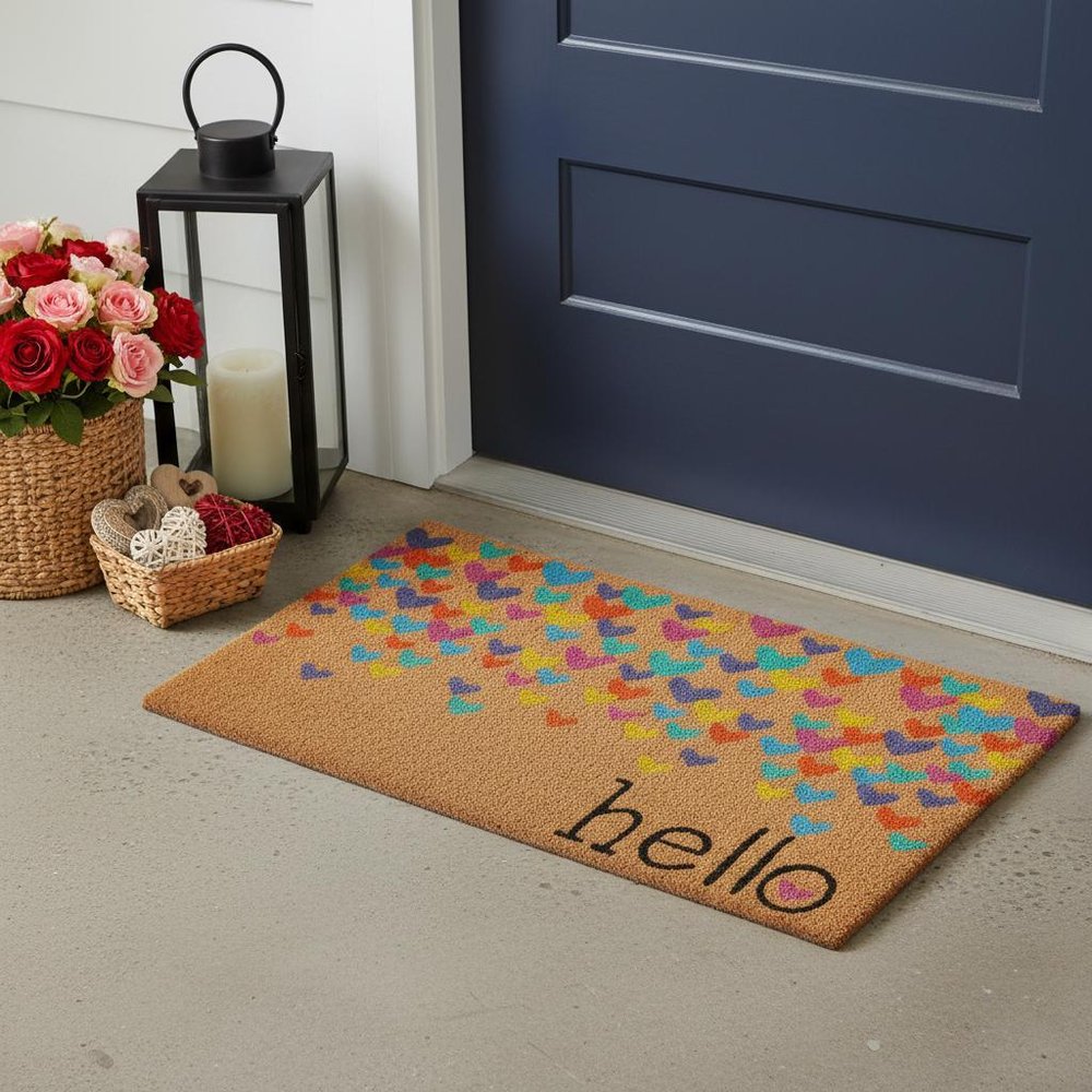 17" X 29" Natural Blue and Yellow Coir Heart Outdoor Valentine's Day Door Mat HomeRoots