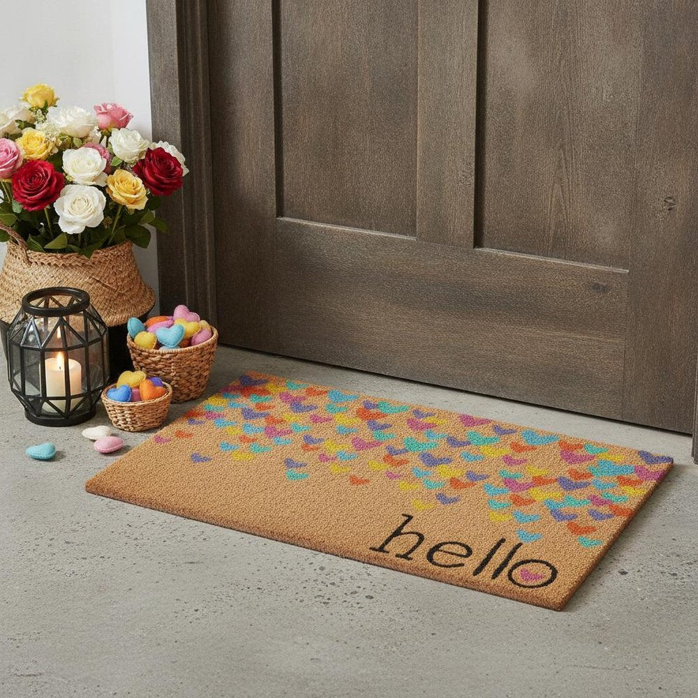 17" X 29" Natural Blue and Yellow Coir Heart Outdoor Valentine's Day Door Mat HomeRoots