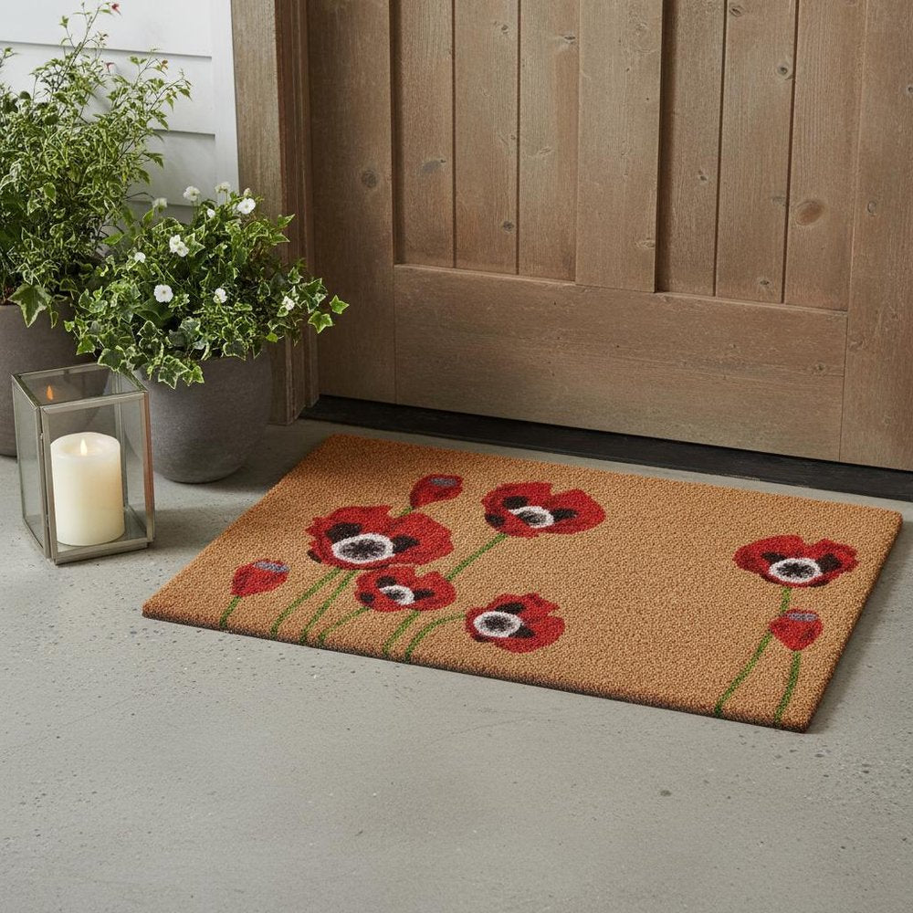 17" X 29" Natural Red and Black Coir Floral Outdoor Door Mat HomeRoots