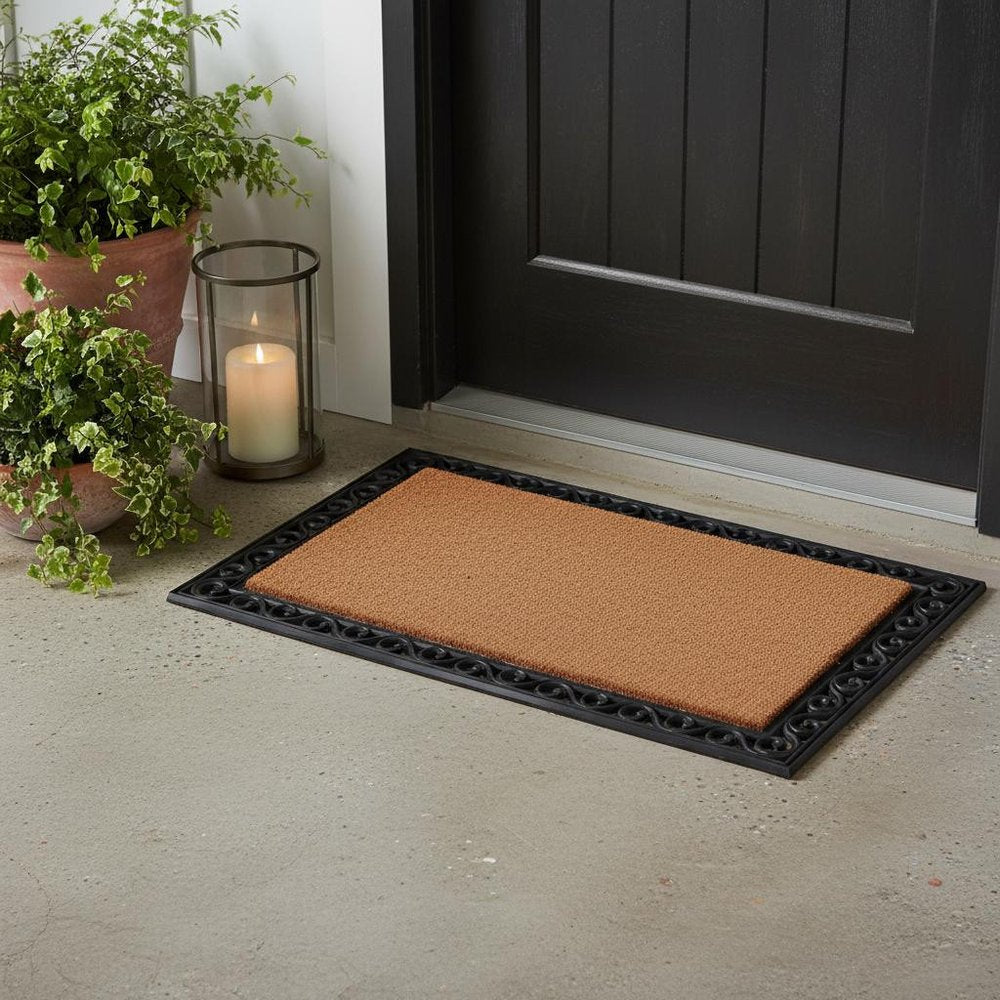 22" X 36" Natural and Black Coir Scrollwork Outdoor Door Mat HomeRoots