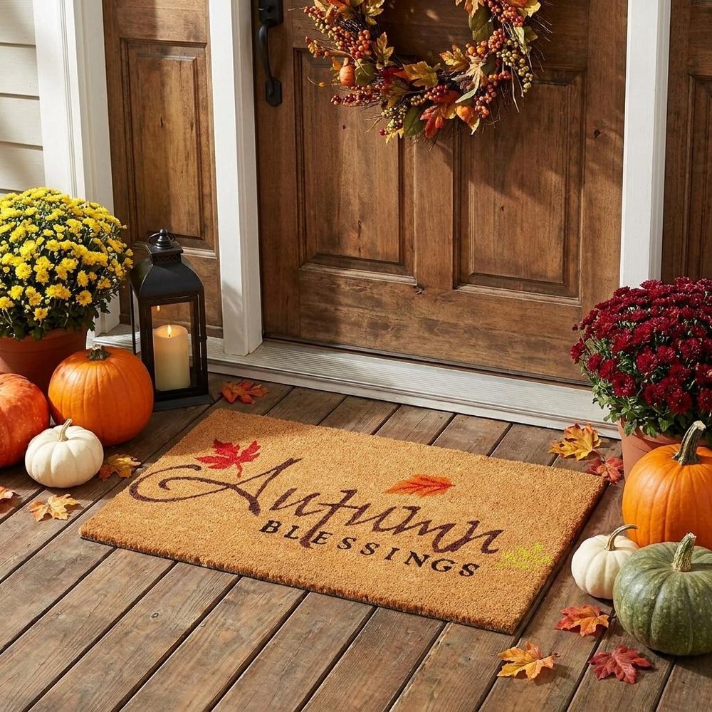 17" X 29" Natural Black And Orange Autumn Blessings Outdoor Coir Door Mat HomeRoots